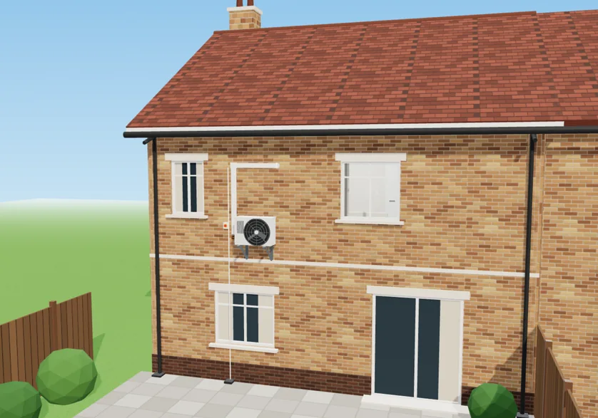 3D model of the house outside, with the outdoor unit on a wall bracket and the pipes in trunking