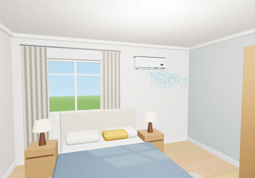 3D model of a bedroom with a wall-mounted air conditioner above the bed