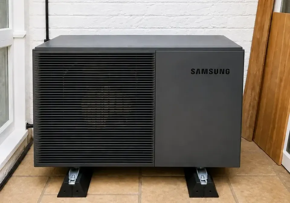 The Samsung unit on its feet on the tiled patio.