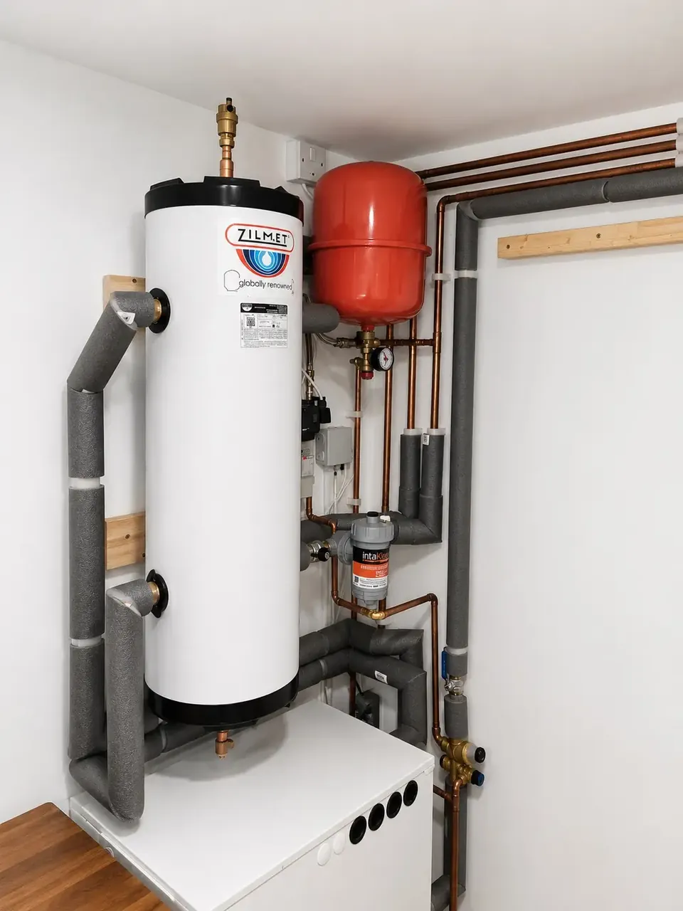 The hot water store, the buffer and the expansion vessels in the cupboard.