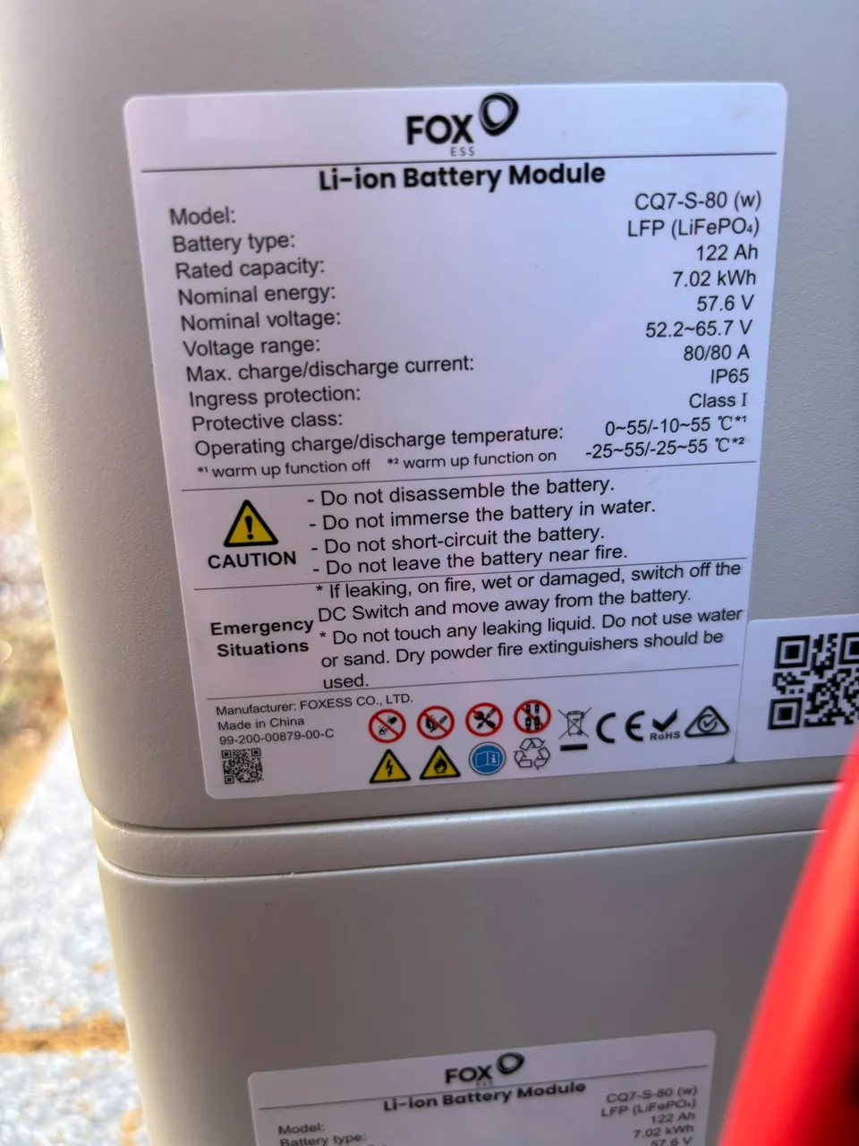 The battery module's own label: Fox ESS CQ7, LFP, IP65.