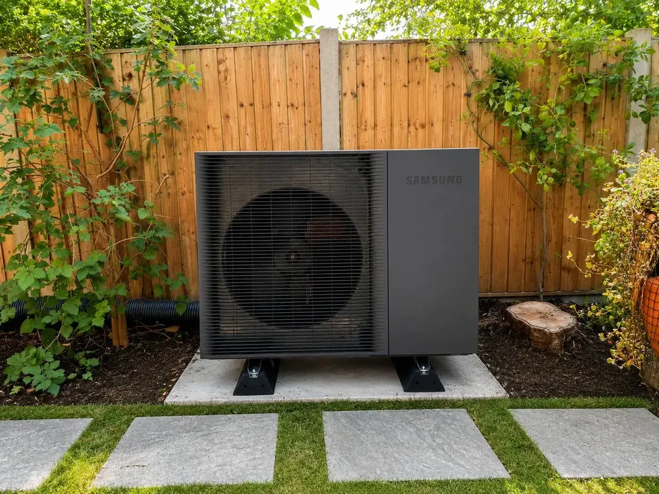 The Samsung 16kW on its slab, set clear of the fence line.