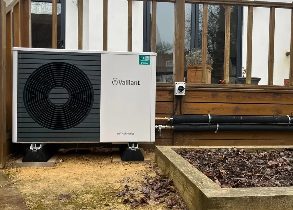The aroTHERM plus beside the decking on anti-vibration feet.