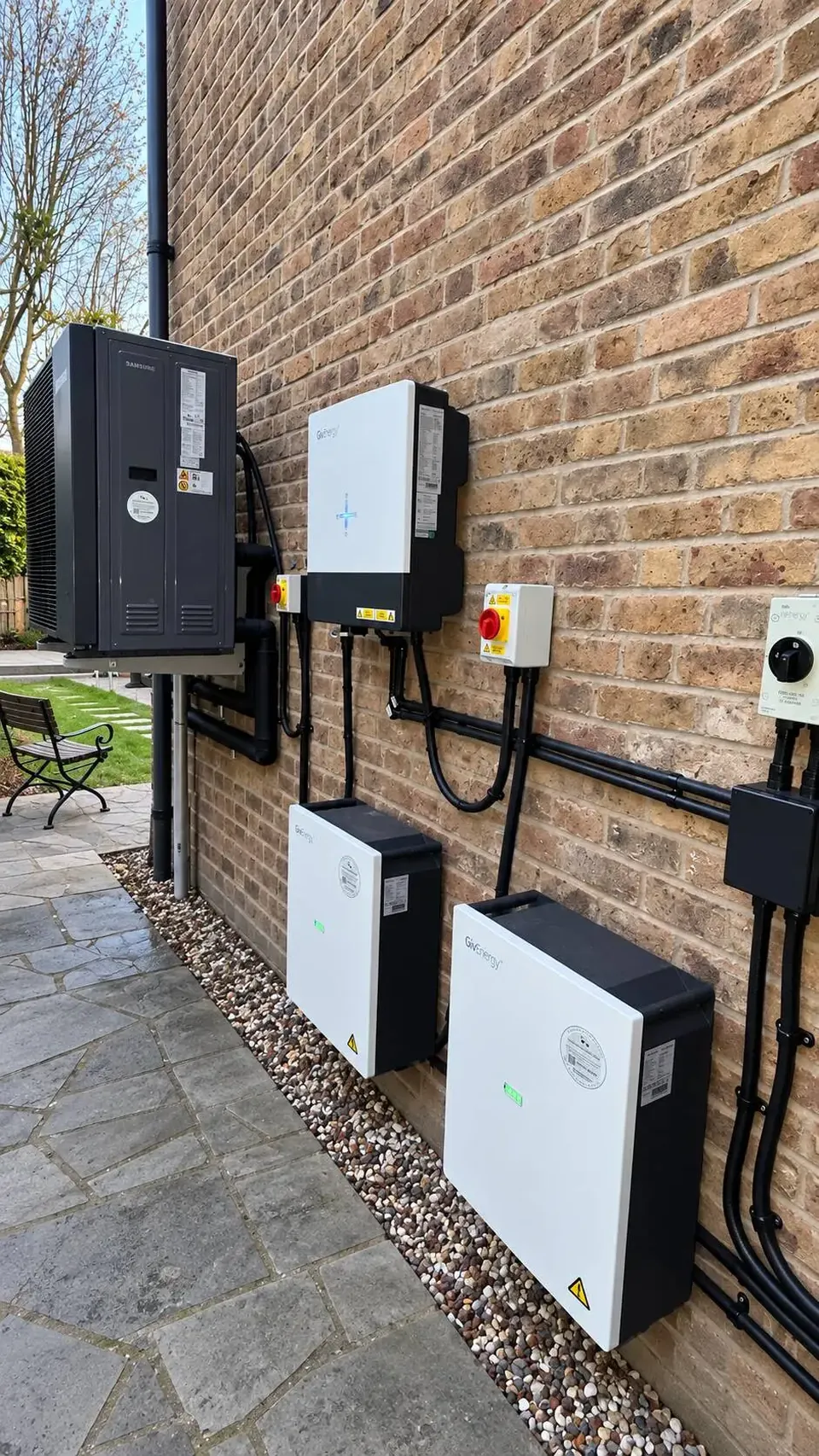 The inverter, battery modules and isolators on one wall, the conduit in straight runs.