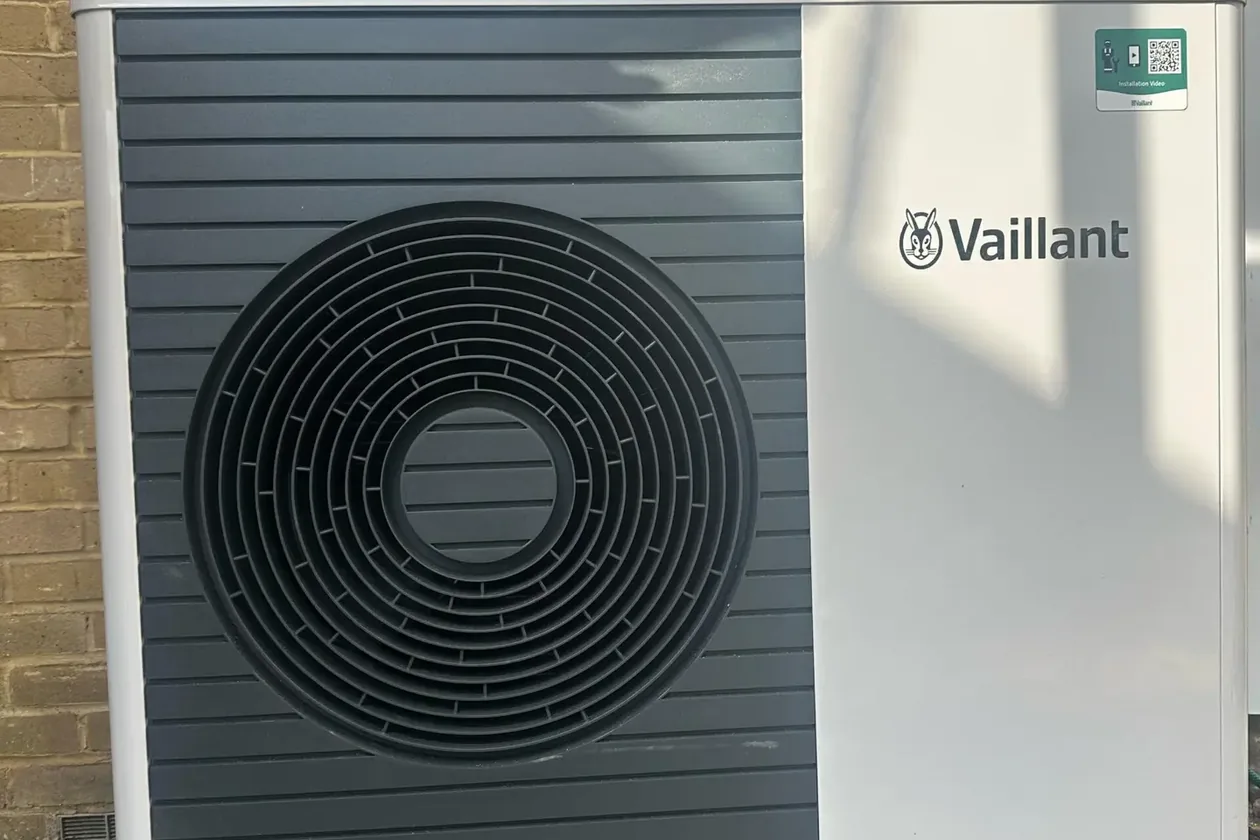 Vaillant air source heat pump with solar panels and a battery installed in Finsbury Park N4